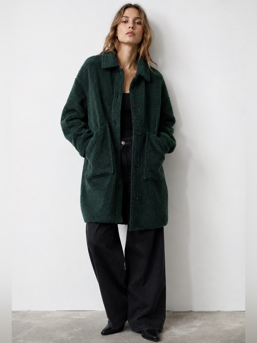 Forest Green Sherpa Teddy Coat Jacket Size S – Longline Button Front